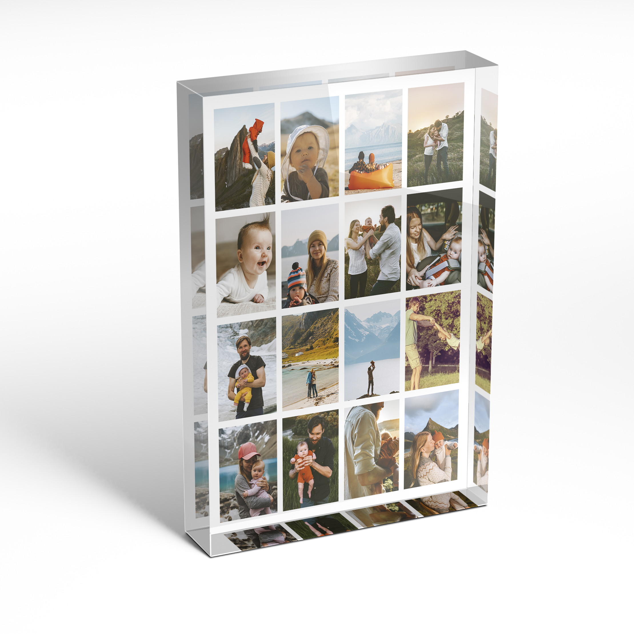 A front side view of a portrait layout Acrylic Photo Gift with space for 10+ photos. Thiis design is named 'Spectrum of Moments'. 