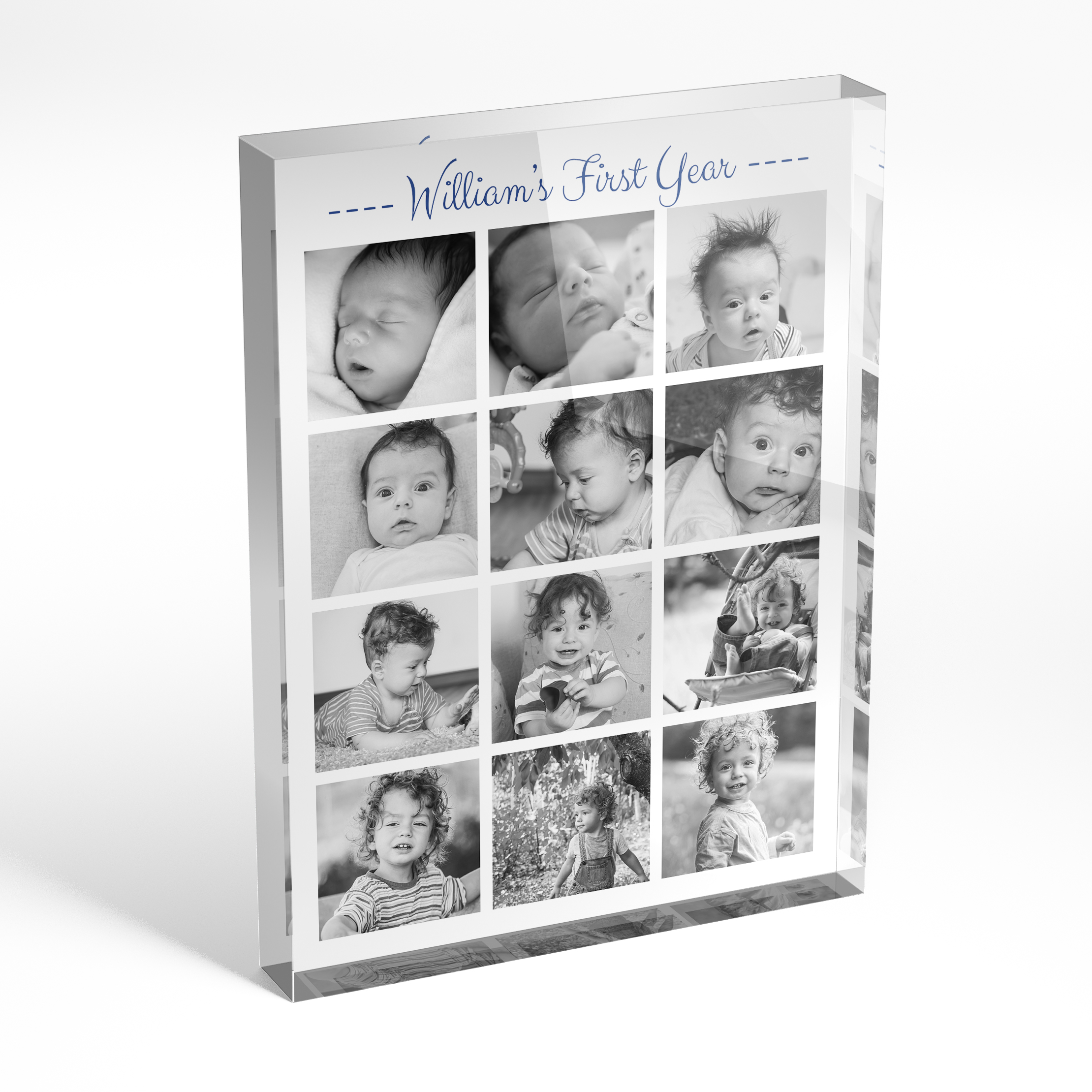 A front side view of a portrait layout Acrylic Glass Photo Block with space for 10+ photos. Thiis design is named '12 months and counting'. 