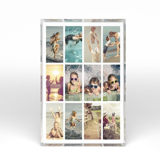 A front side view of a portrait layout Acrylic Photo Block with space for 10+ photos. Thiis design is named "Cinematic Snapshot". 