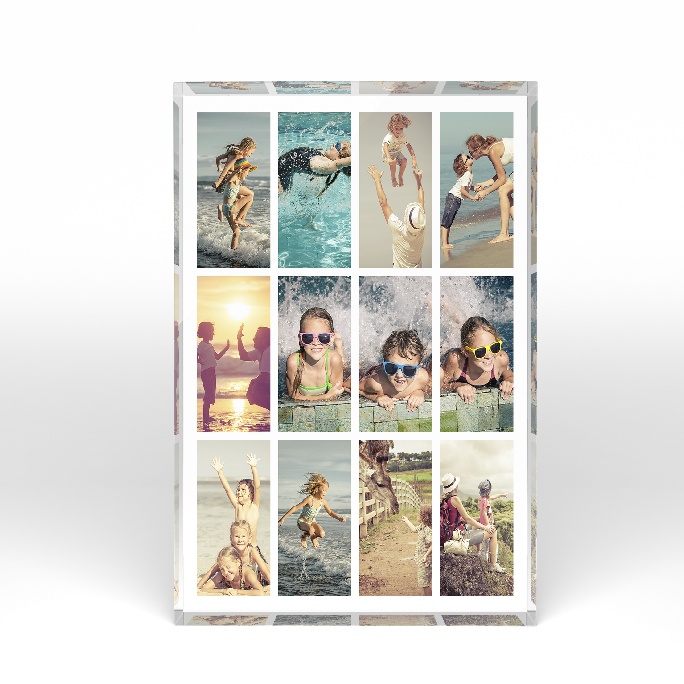 A front side view of a portrait layout Acrylic Photo Block with space for 10+ photos. Thiis design is named "Cinematic Snapshot". 