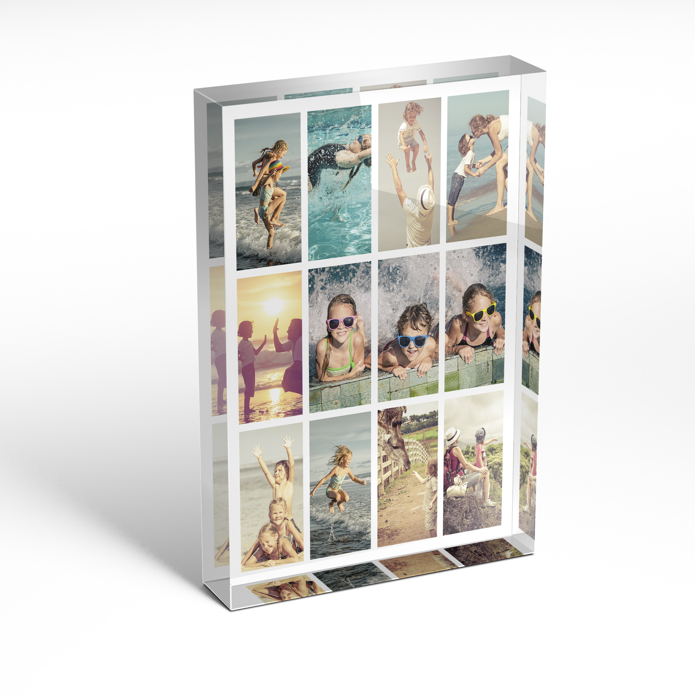 A front side view of a portrait layout Acrylic Photo Block with space for 10+ photos. Thiis design is named 'Cinematic Snapshot'. 