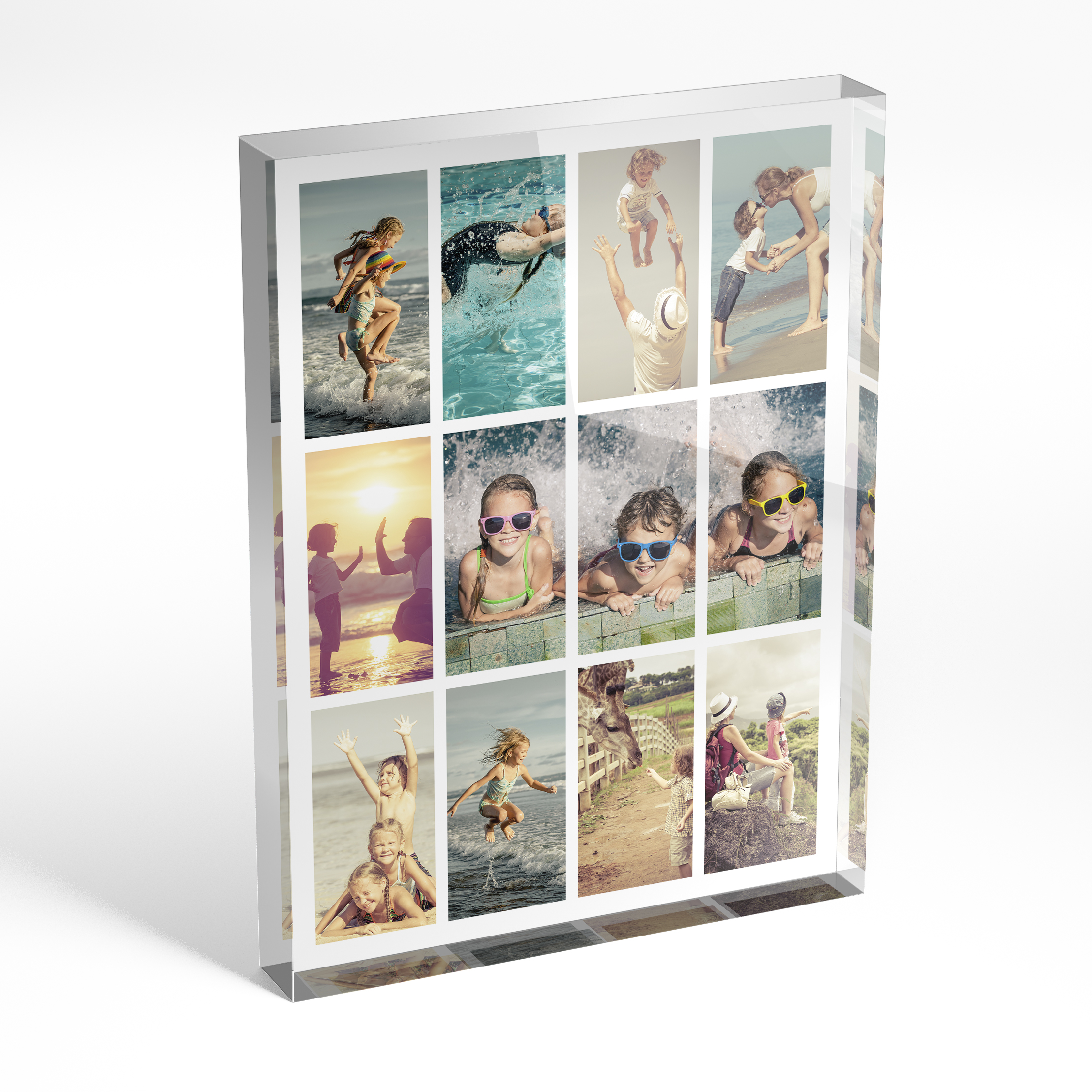 An angled side view of a portrait layout Acrylic Photo Block with space for 10+ photos. Thiis design is named "Cinematic Snapshot". 