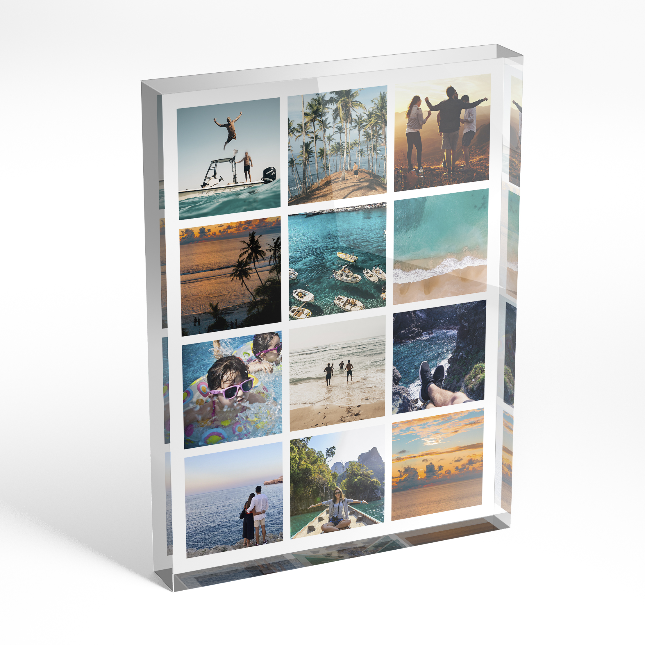 An angled side view of a portrait layout Acrylic Photo Block with space for 10+ photos. Thiis design is named "Holiday Keepsake". 