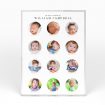 A front side view of a portrait layout Acrylic Photo Block with space for 10+ photos. Thiis design is named "Month by Month". 