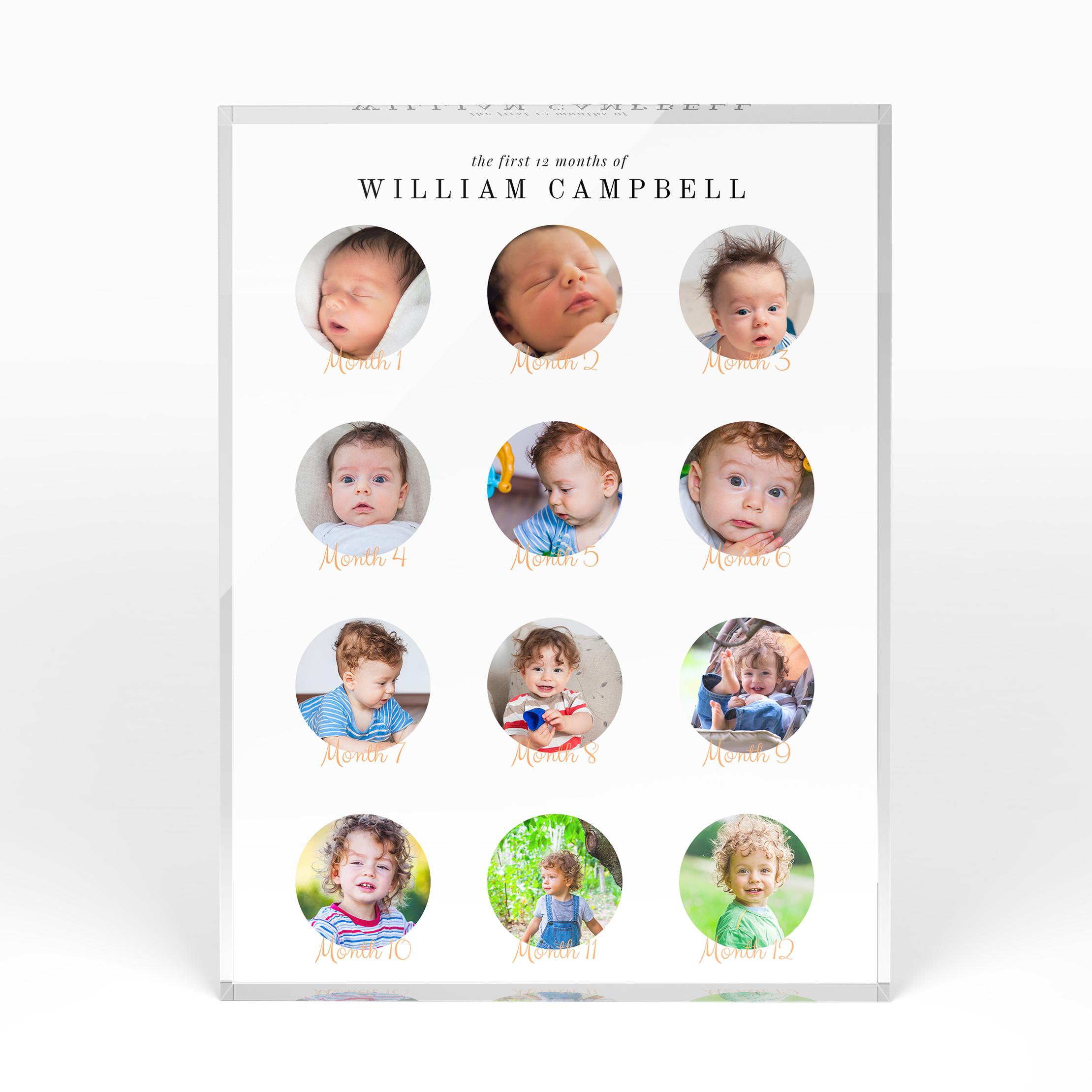 A front side view of a portrait layout Acrylic Photo Block with space for 10+ photos. Thiis design is named "Month by Month". 