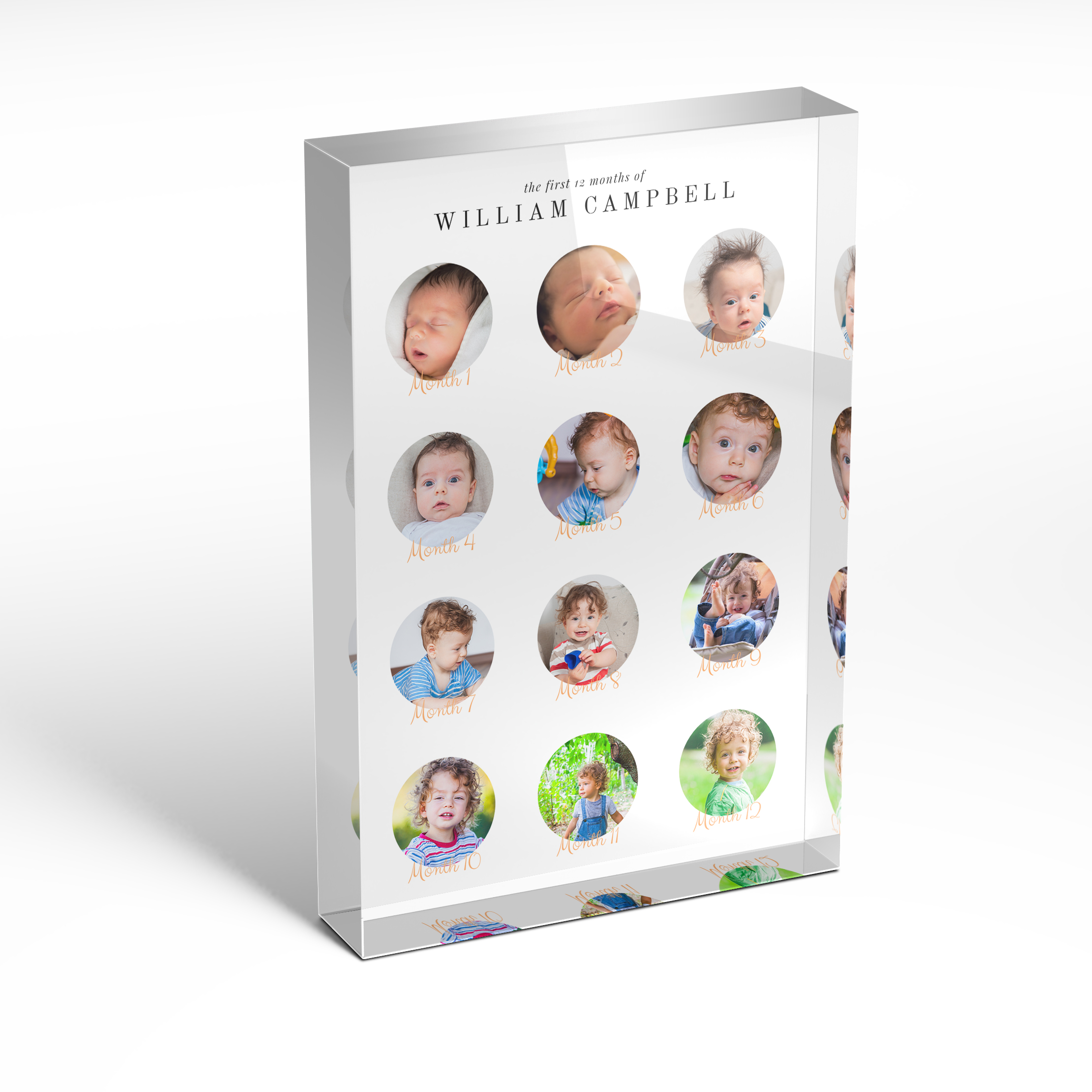 A front side view of a portrait layout Acrylic Glass Photo Block with space for 10+ photos. Thiis design is named 'Month by Month'. 
