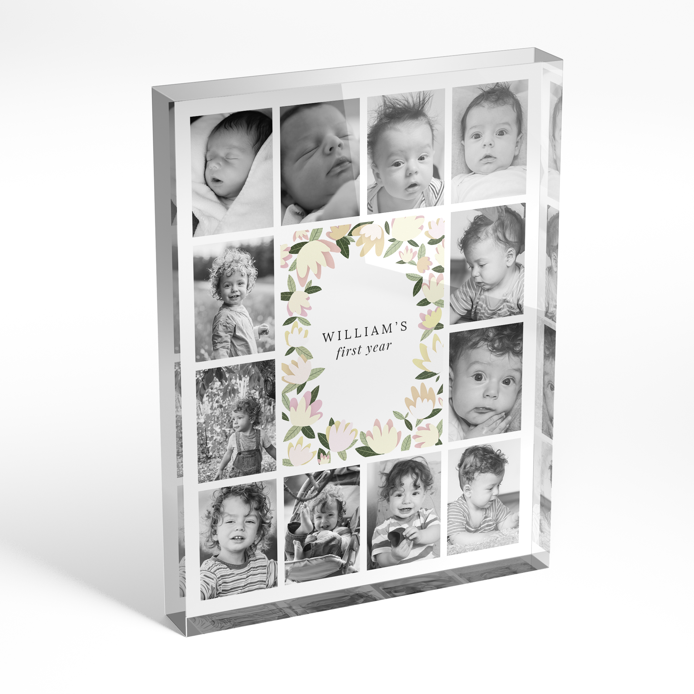 A front side view of a portrait layout Acrylic Glass Photo Block with space for 10+ photos. Thiis design is named 'My first year'. 