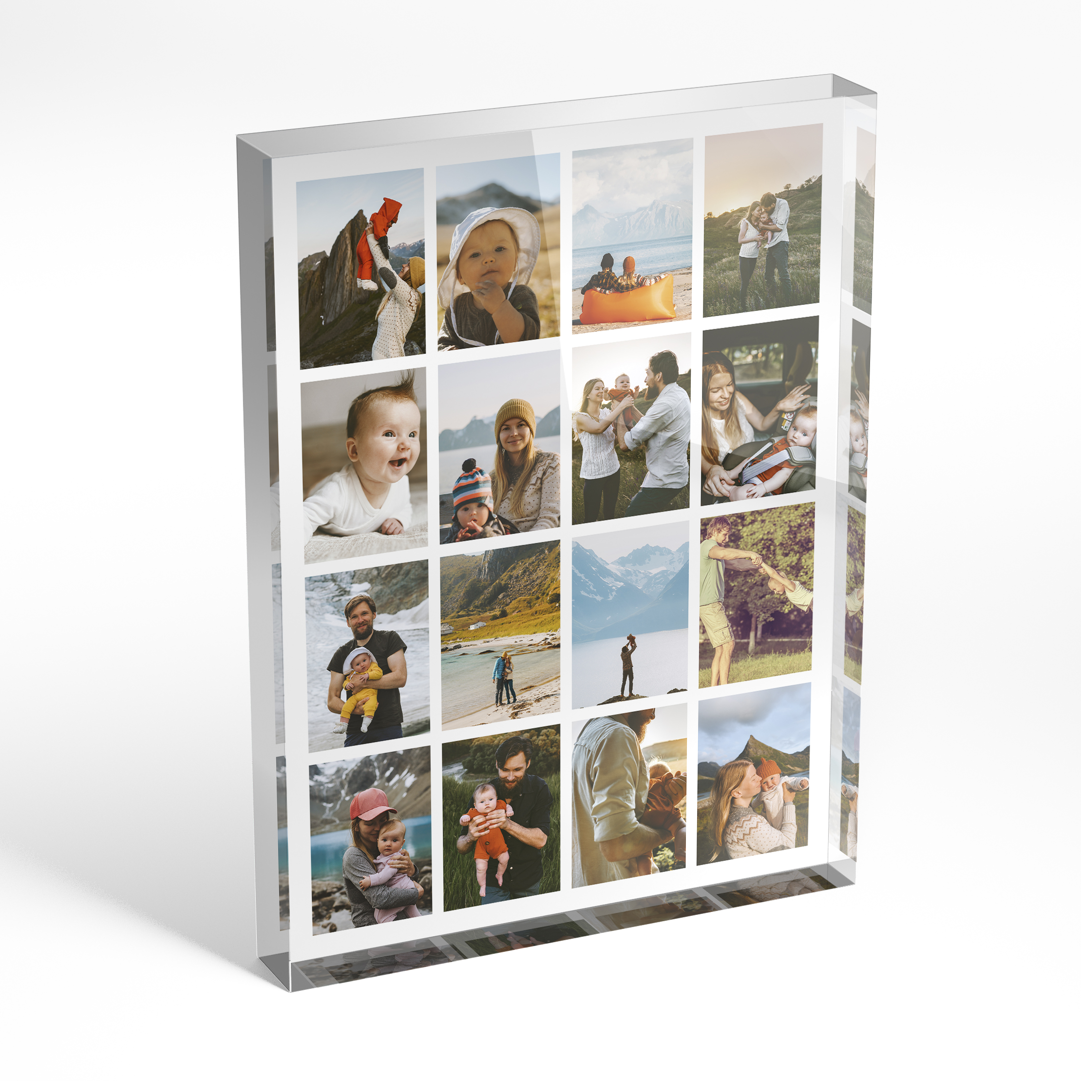 An angled side view of a portrait layout Acrylic Photo Block with space for 10+ photos. Thiis design is named "Spectrum of Moments". 