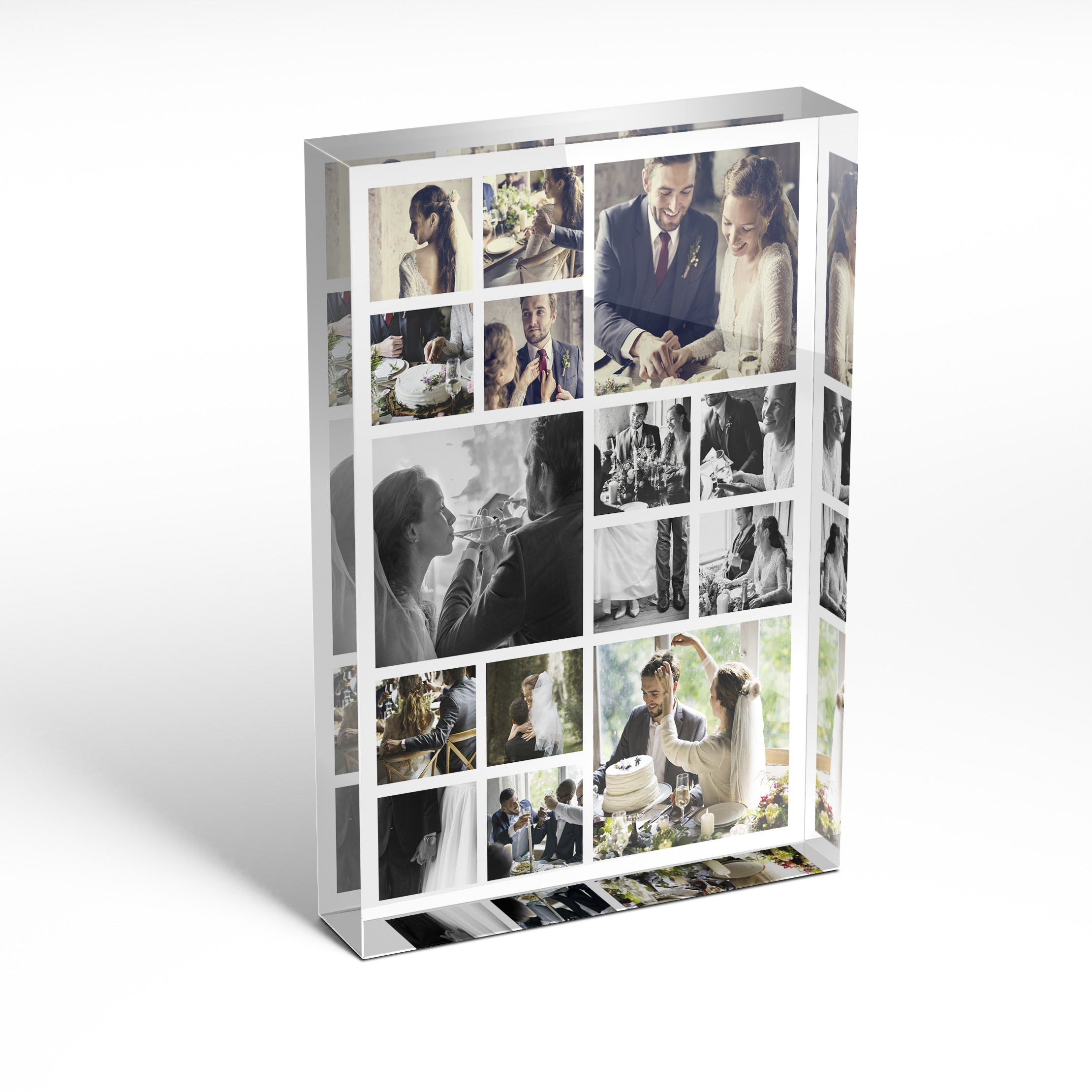 A front side view of a portrait layout Acrylic Glass Photo Block with space for 10+ photos. Thiis design is named 'My Montage'. 