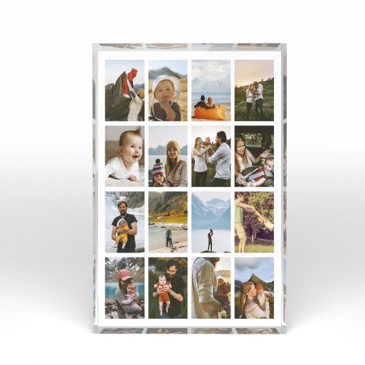 A front side view of a portrait layout Acrylic Photo Gift with space for 10+ photos. Thiis design is named "Spectrum of Moments". 
