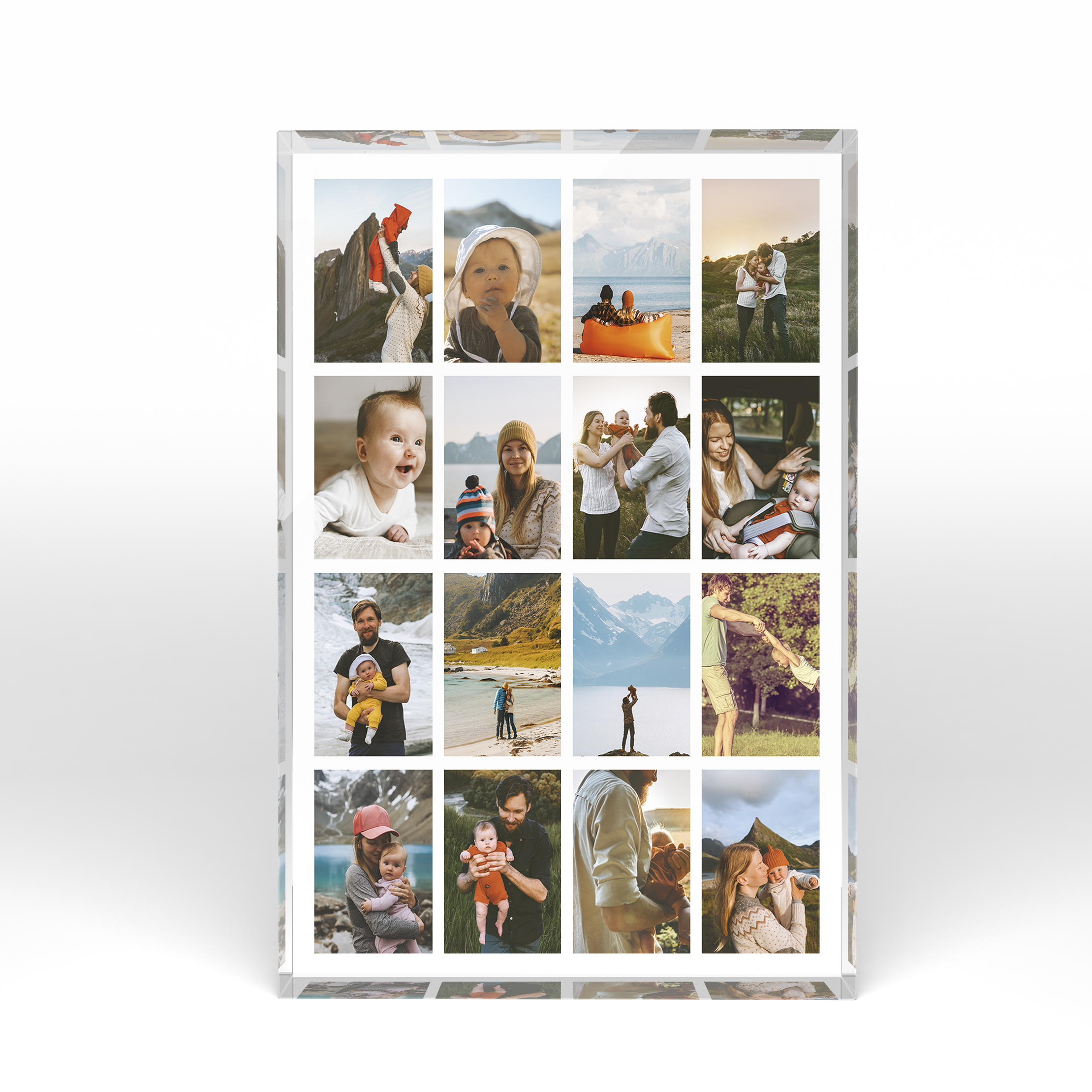 A front side view of a portrait layout Acrylic Photo Gift with space for 10+ photos. Thiis design is named "Spectrum of Moments". 