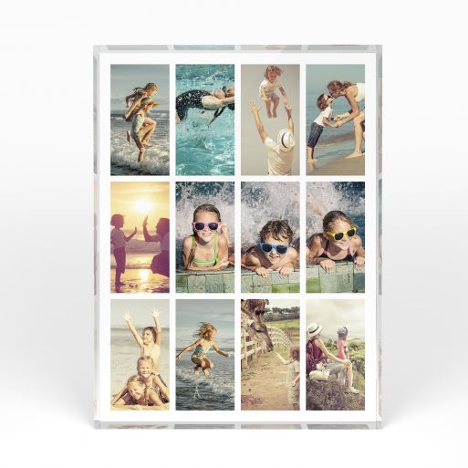A front side view of a portrait layout Online acrylic photo blocks with space for 10+ photos. Thiis design is named "Cinematic Snapshot". 