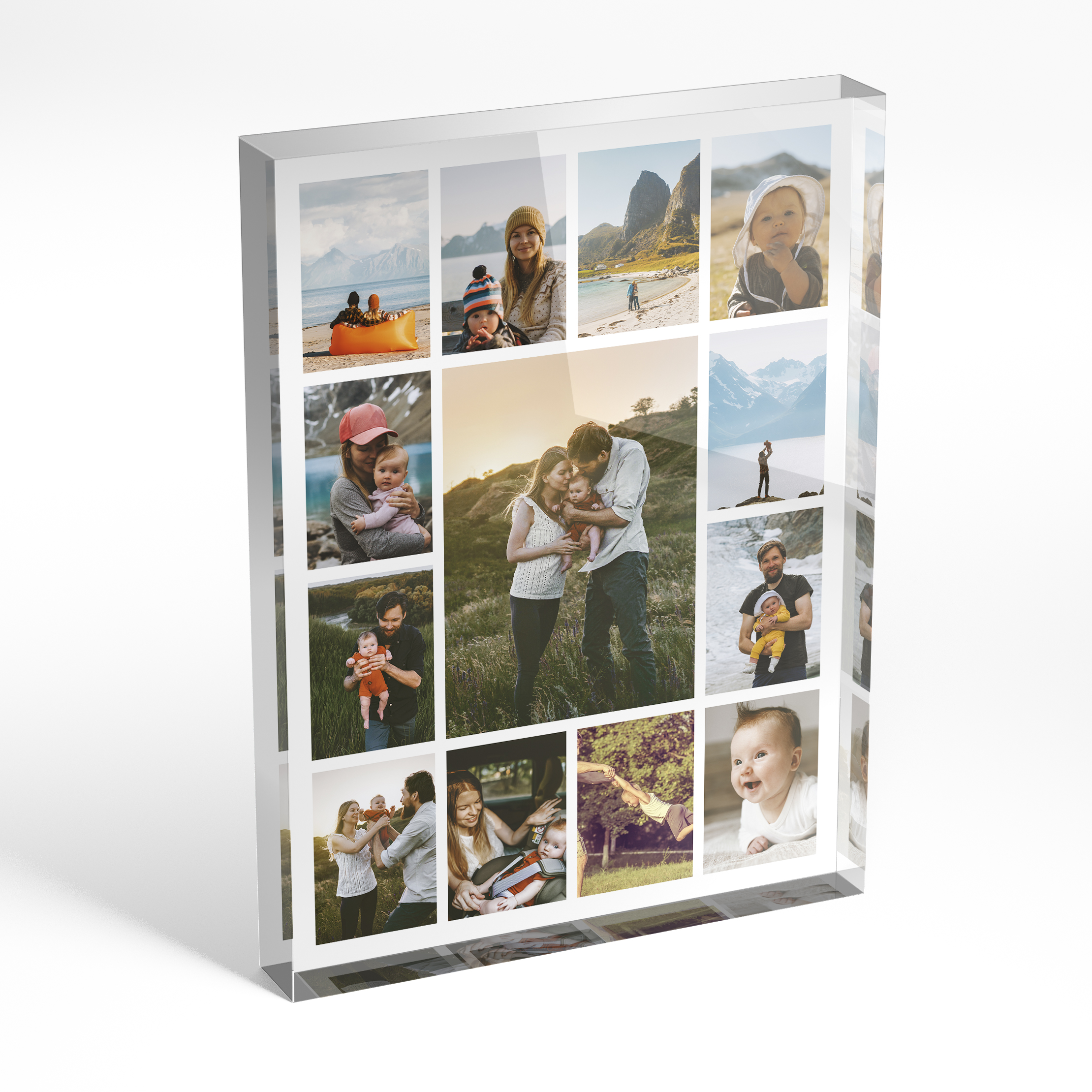 A front side view of a portrait layout Perspex Photo Blocks with space for 10+ photos. Thiis design is named 'Melody of Memories'. 