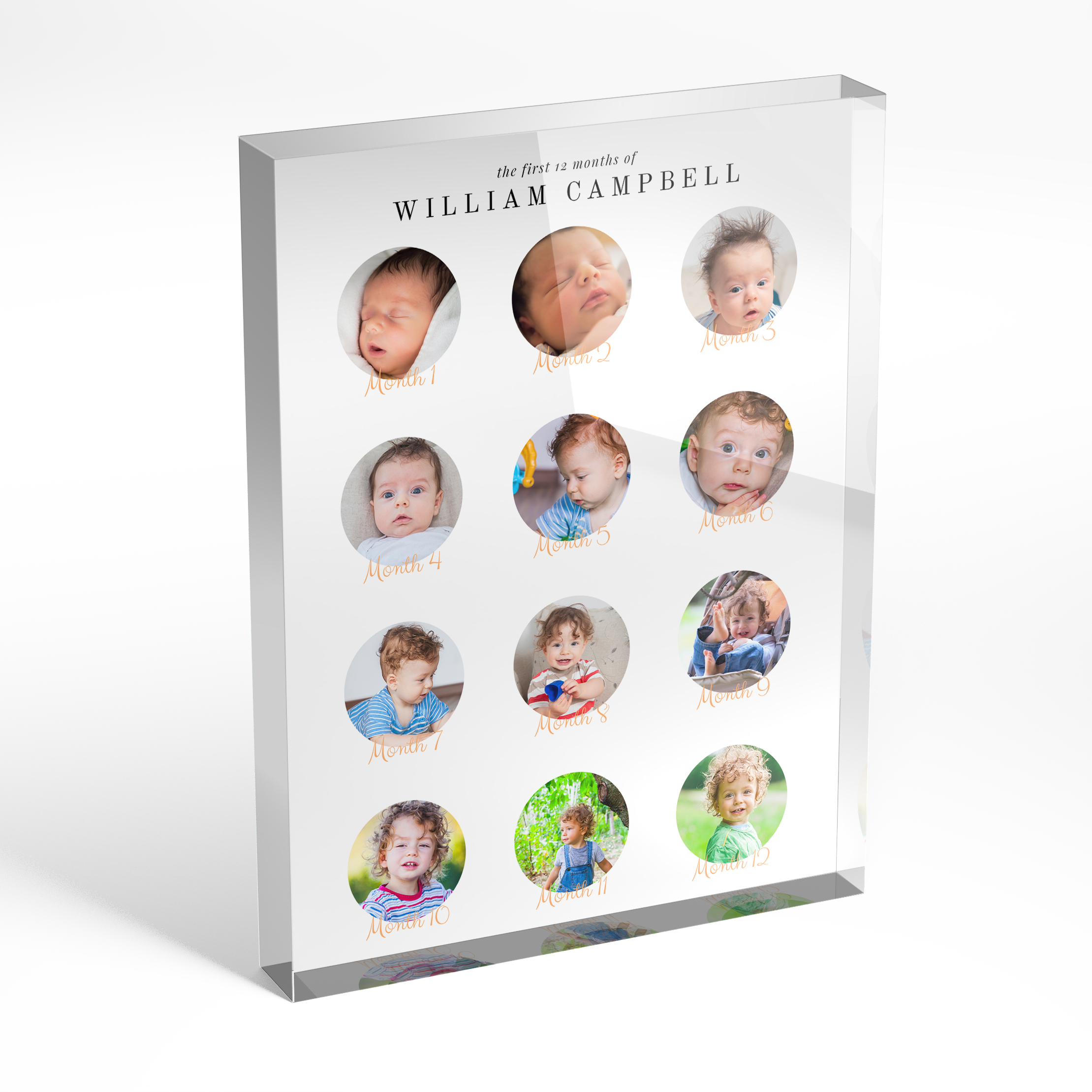 An angled side view of a portrait layout Online acrylic photo blocks with space for 10+ photos. Thiis design is named "Month by Month". 