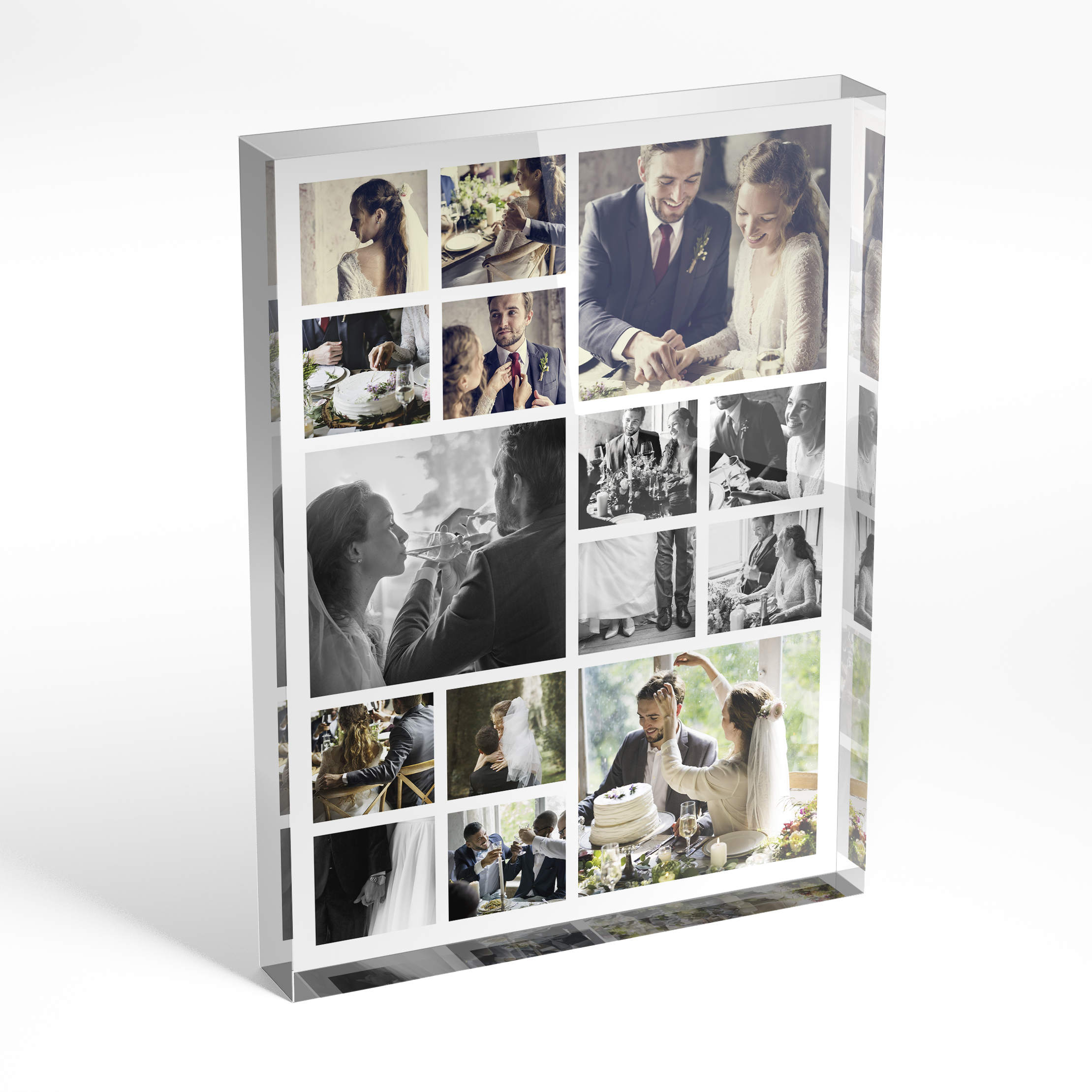 An angled side view of a portrait layout Online acrylic photo blocks with space for 10+ photos. Thiis design is named "My Montage". 
