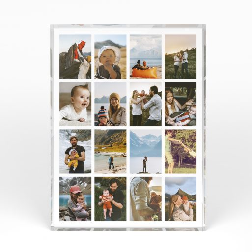 A front side view of a portrait layout Online acrylic photo blocks with space for 10+ photos. Thiis design is named "Spectrum of Moments". 