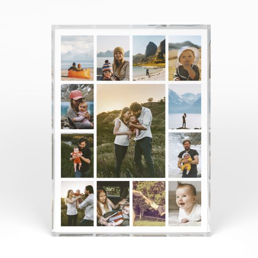 A front side view of a portrait layout Perspex Photo Blocks with space for 10+ photos. Thiis design is named "Melody of Memories". 