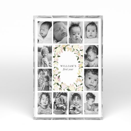 A front side view of a portrait layout Perspex Photo Blocks with space for 10+ photos. Thiis design is named "My first year". 