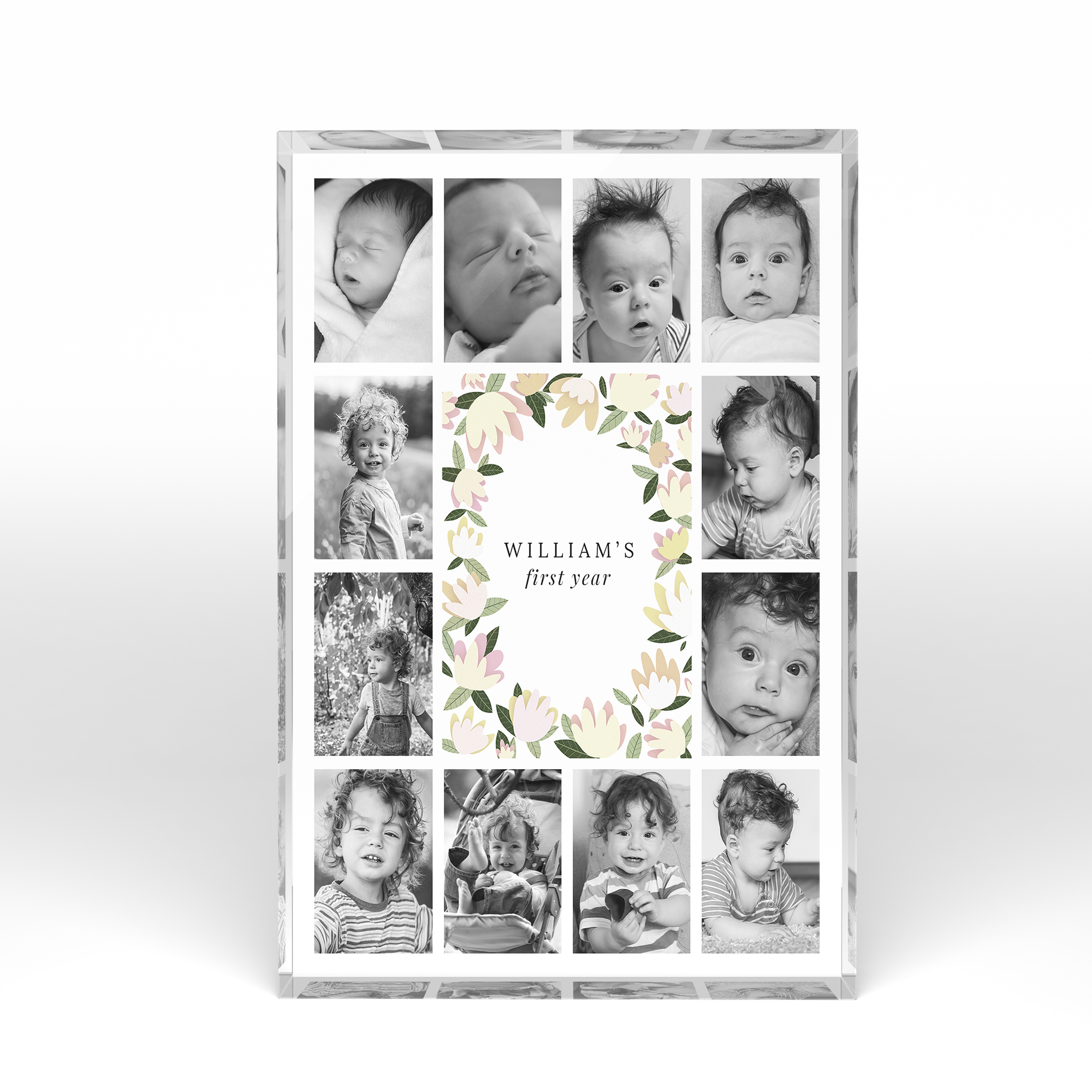 A front side view of a portrait layout Perspex Photo Blocks with space for 10+ photos. Thiis design is named "My first year". 