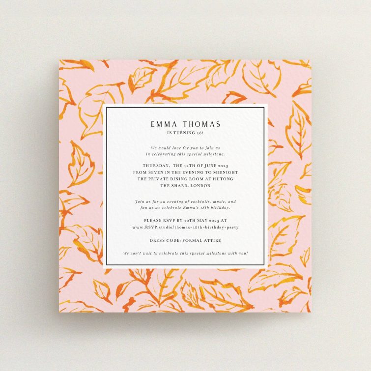 Floral 18th Birthday Invitation design with bold leaf patterns and elegant text layout, no photos included.