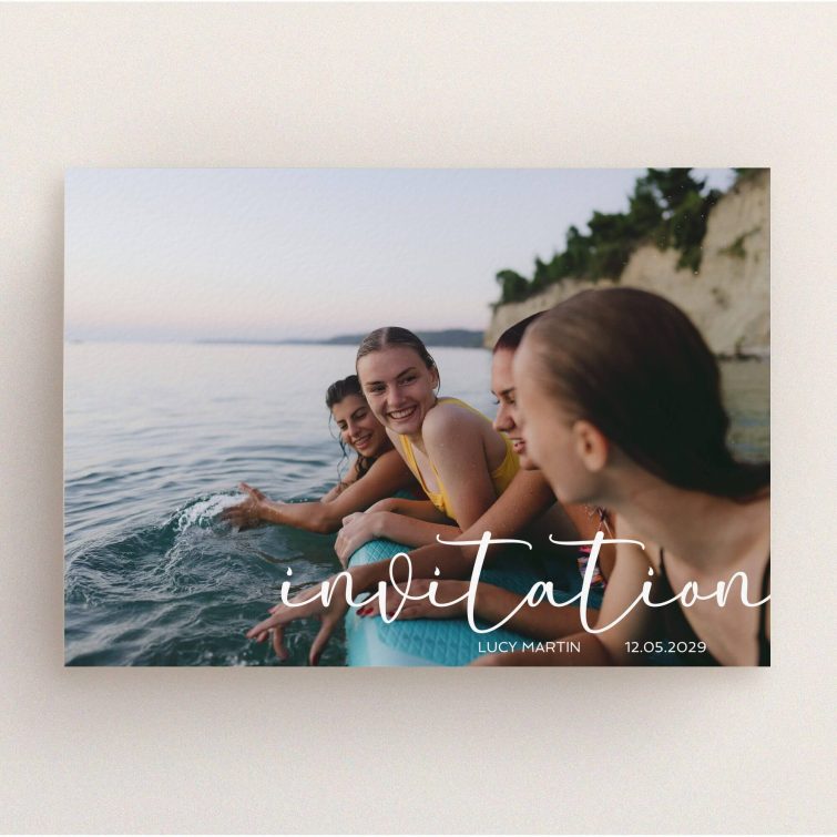 18th Birthday Invitation design featuring a joyful group photo by the sea