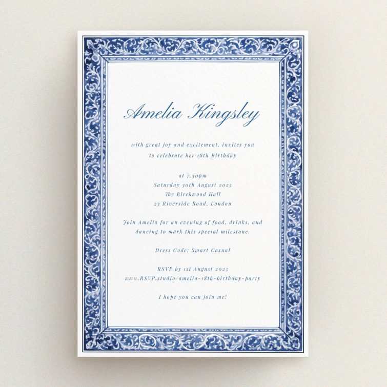Elegant blue and white floral border 18th Birthday Invitation design with no photos.