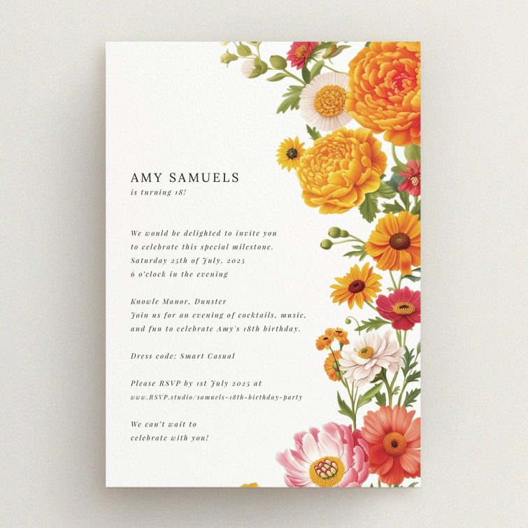 18th Birthday Invitation card design with floral decorations and no photos.