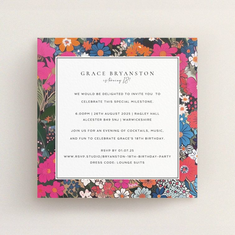 Floral 18th Birthday Invitation design with colourful border and no photos.