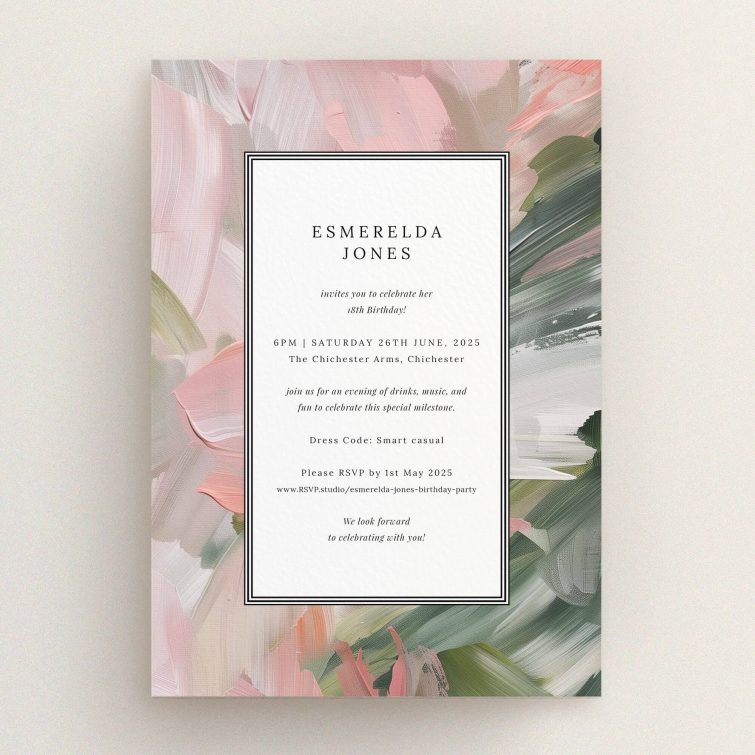 Elegant floral 18th Birthday Invitation design with colourful abstract background, featuring one photo placeholder.