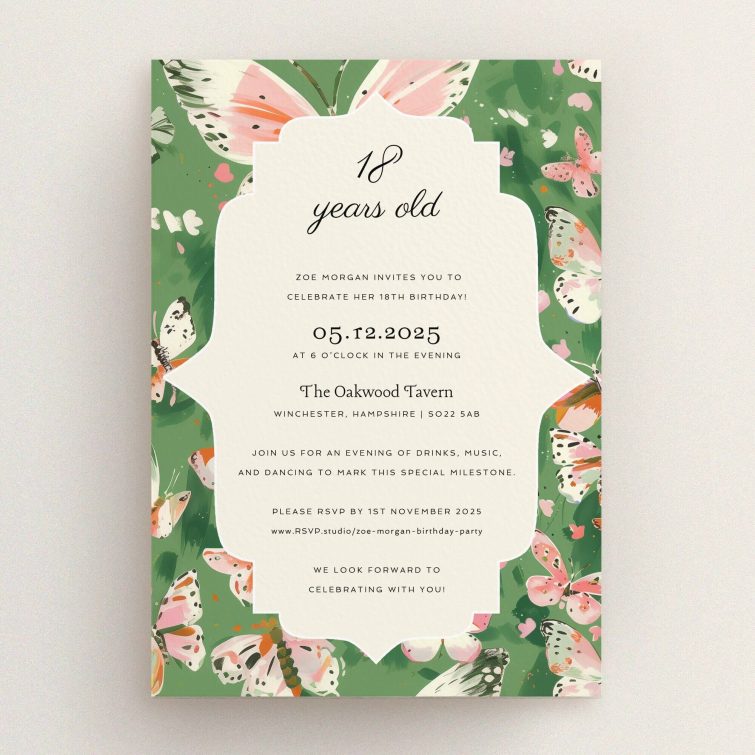 Floral 18th Birthday Invitation design with butterflies and one illustrative image.
