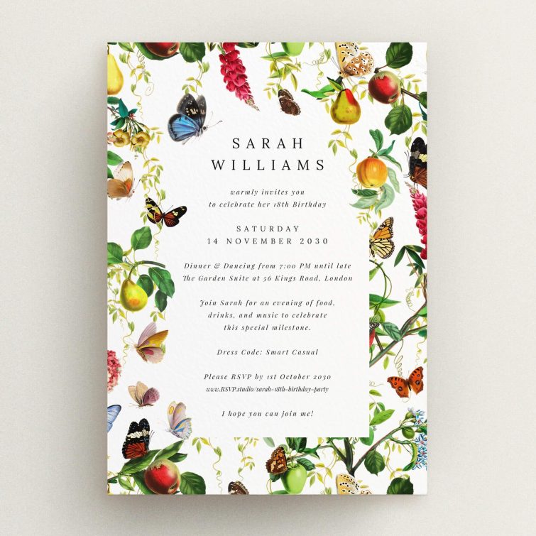 Floral 18th Birthday Invitation design with multiple butterfly illustrations.