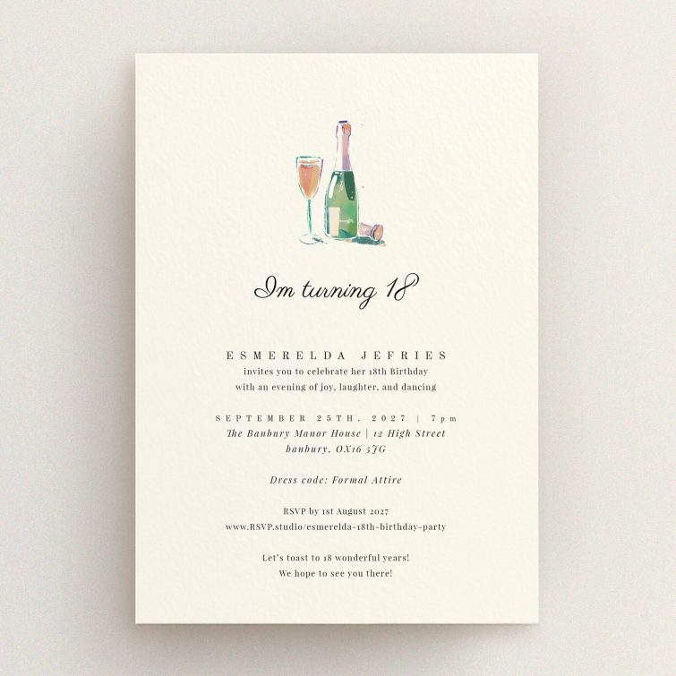 Elegant 18th Birthday Invitation design with one illustration of a champagne bottle and glass.