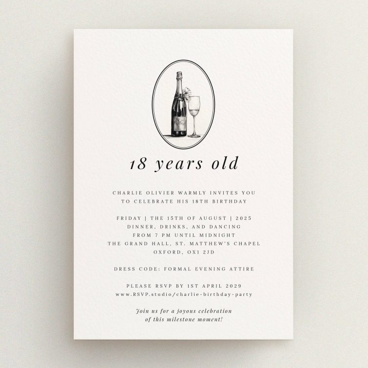 Elegant 18th Birthday Invitation design with one illustration of a champagne bottle and glass.