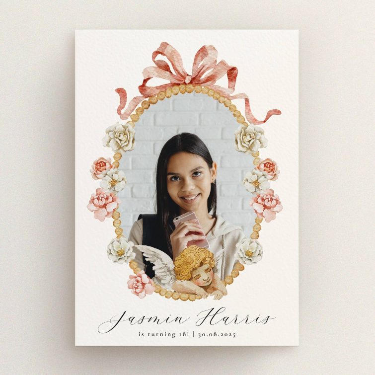 Floral 18th Birthday Invitation with one photo in decorative frame design.