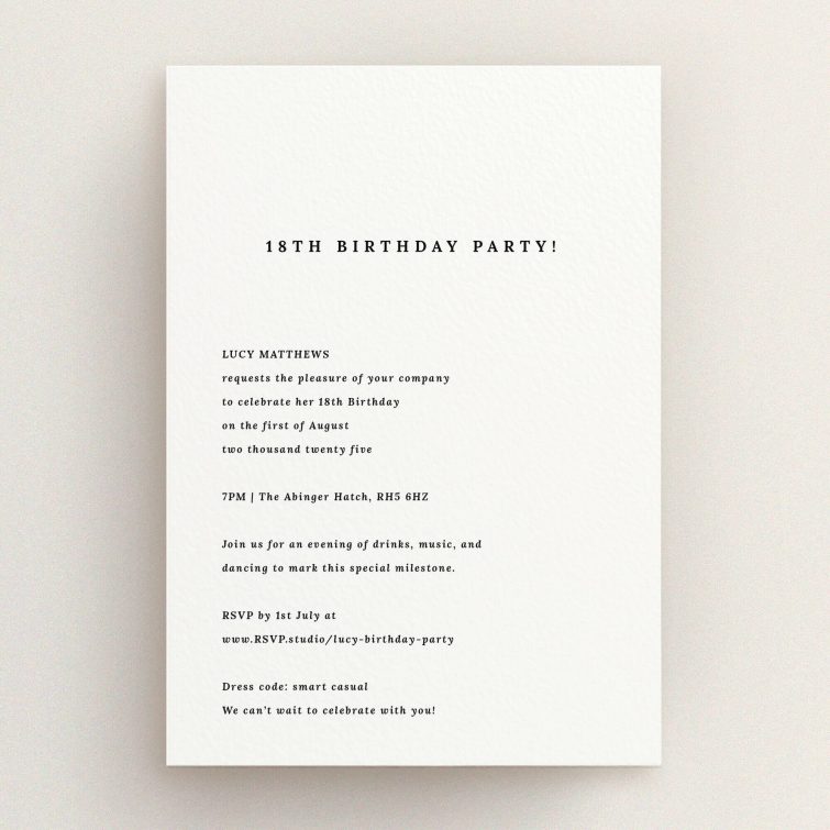 Elegant 18th Birthday Invitation design with no photos for milestone celebration event.