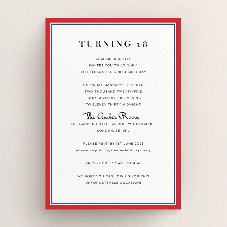 Elegant 18th Birthday Invitation design with personalised text and no photos.