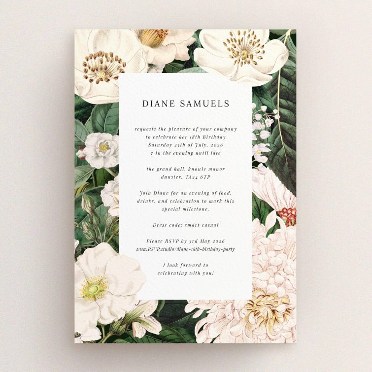 Floral 18th Birthday Invitation design with elegant text and floral illustrations, featuring zero photos.