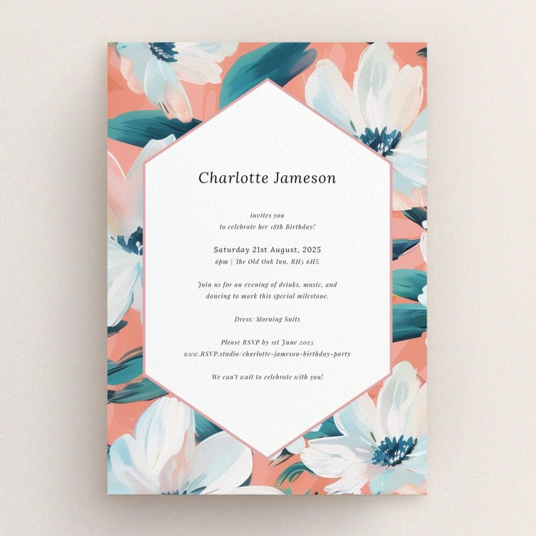 Floral design 18th Birthday Invitation with elegant typography and colourful background featuring abstract blooms.