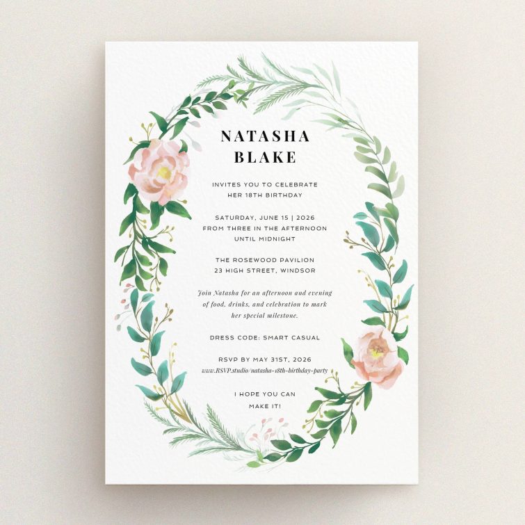 Floral 18th birthday invitation design with two decorative illustrations.