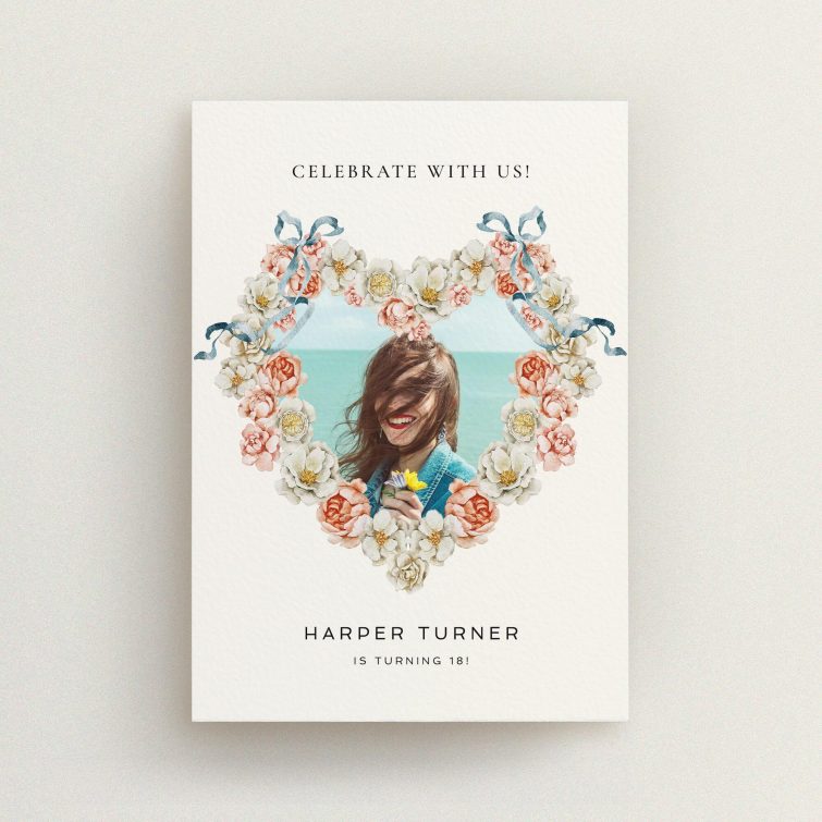 Floral heart 18th birthday invitation with one photo placeholder for personalised design.