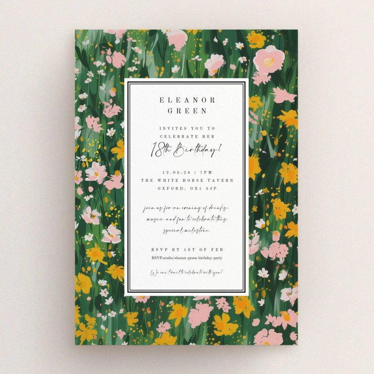 Floral 18th Birthday Invitation design with colourful flower background and no photos.