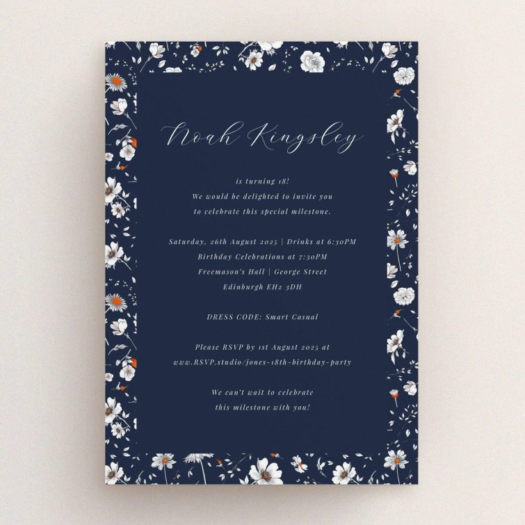 Floral-themed 18th birthday invitation design with no photos.