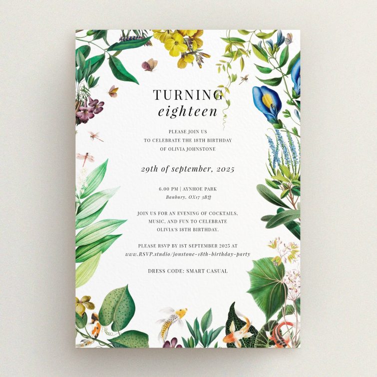 Floral 18th birthday invitation design with botanical illustrations and no photos.