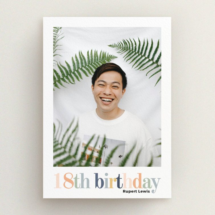 18th Birthday Invitation design with one photo and decorative foliage elements.