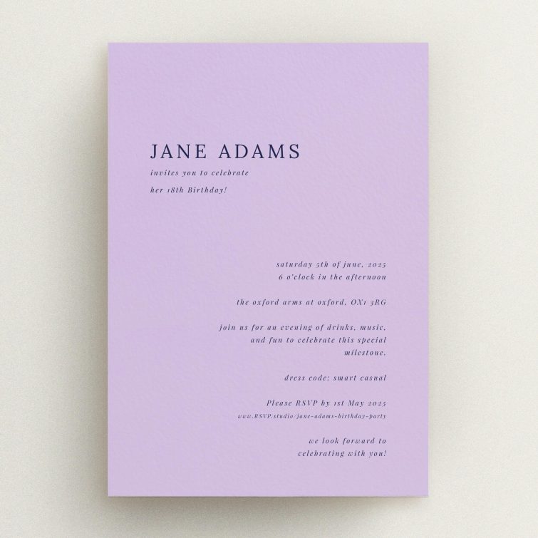 Elegant lavender-themed 18th Birthday Invitation design with no photos.