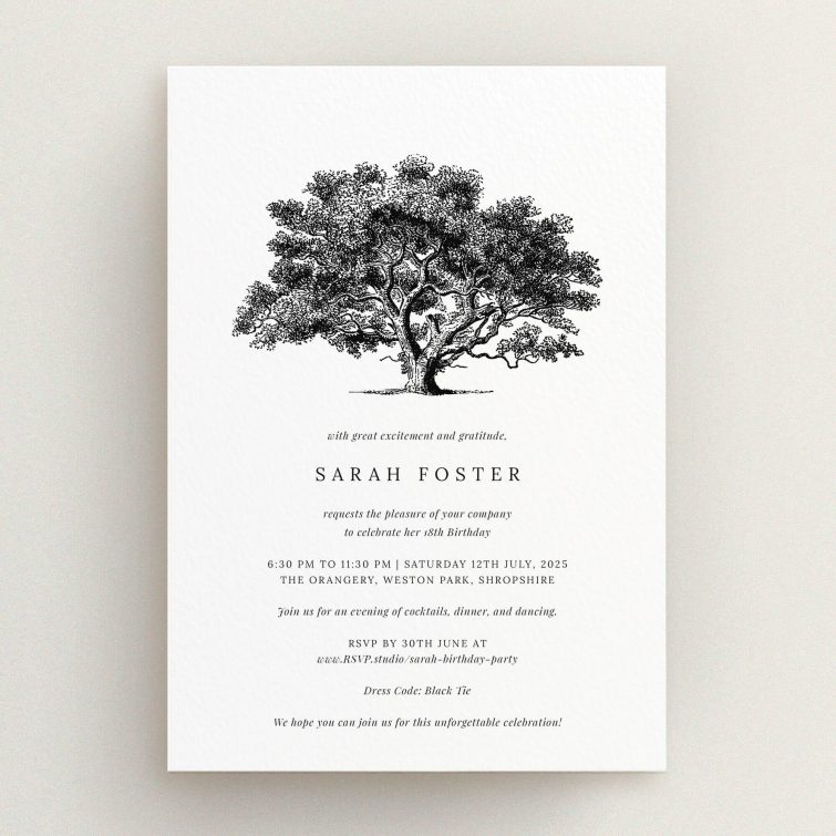 Elegant 18th Birthday Invitation with illustrated tree design and black tie dress code details, featuring one decorative image.