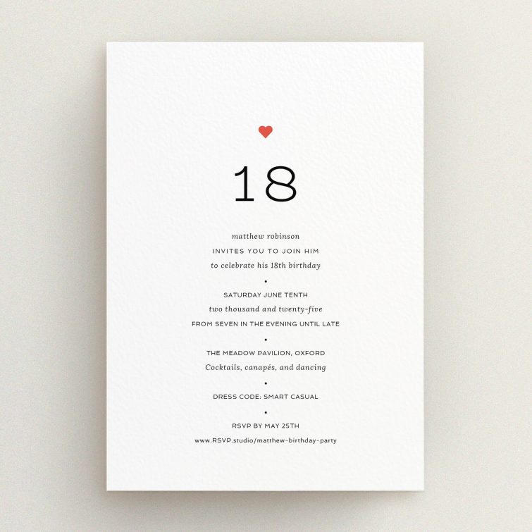 Elegant minimalist 18th Birthday Invitation design with simple text and one decorative heart element.
