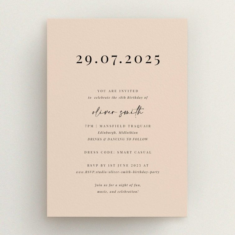 Simple and elegant 18th Birthday Invitation design with event details on a beige background, no photos included.