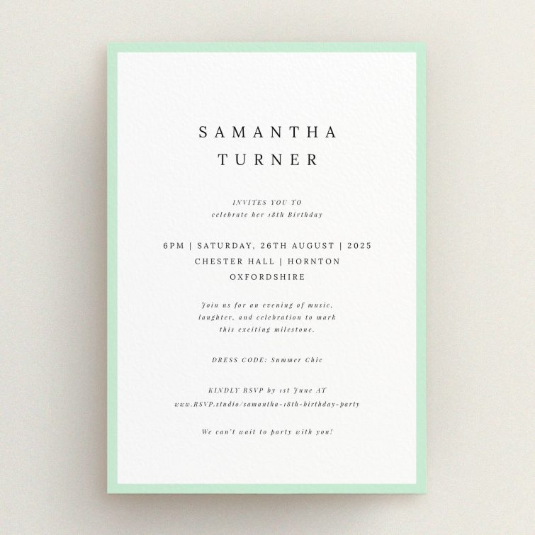 Elegant 18th Birthday Invitation design with minimalist style and no photos.