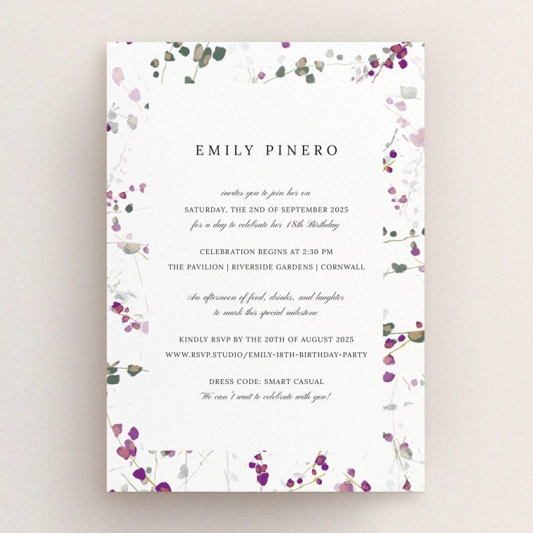 Floral themed 18th Birthday Invitation with decorative borders and no photos